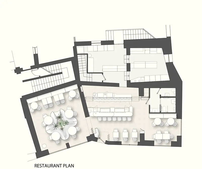 La pianta del locale disegnata dall'architetto: il Fiore con le piante al centro della sala, il bancone nella sala accanto.