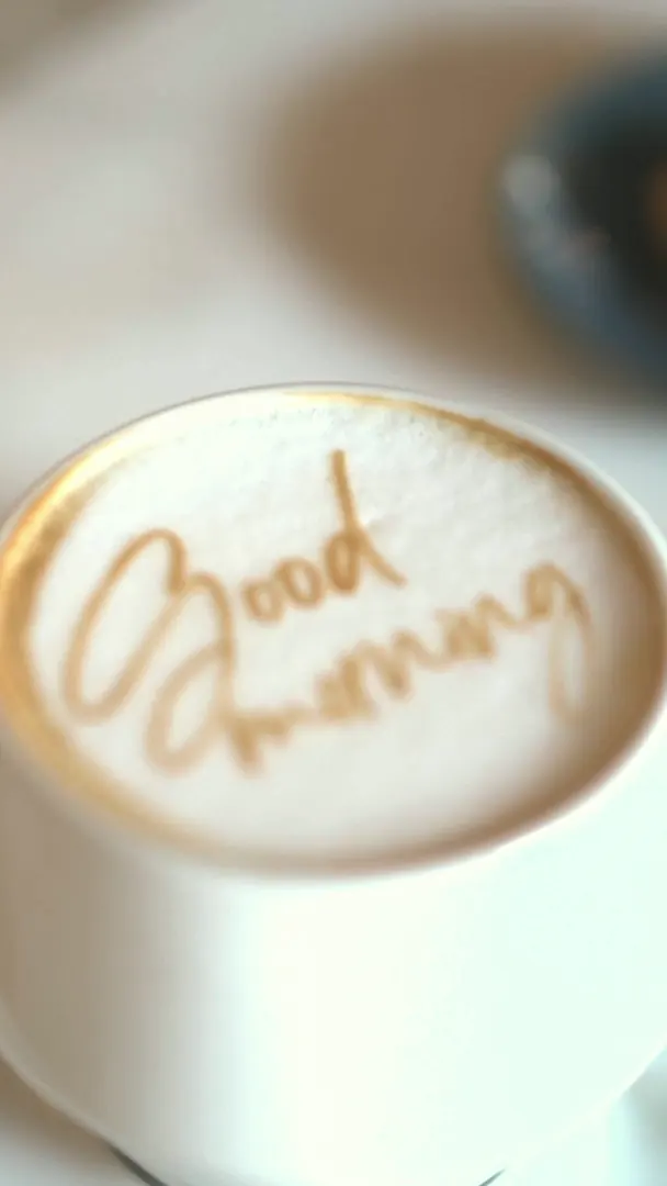 La mattina da Saint: la scritta «Good morning» nella schiuma del cappuccino, la tazza servita, la tenda che si apre sulla sala, il tavolo con SAINT inciso nel sole.